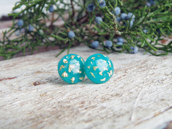 light blue fimo/polymer clay gold leaf stud earrings