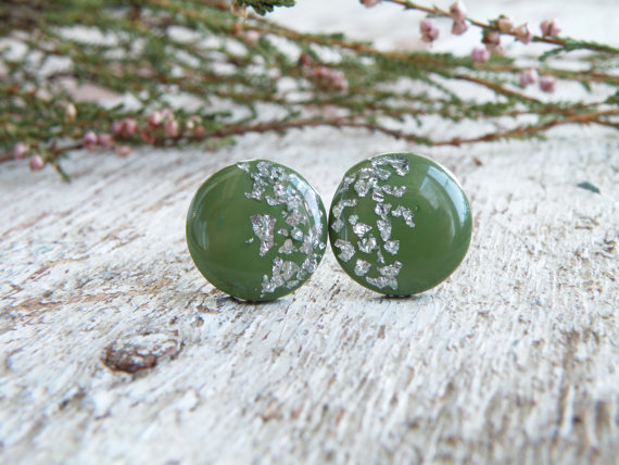 fimo/polymer clay silver leaf stud earrings