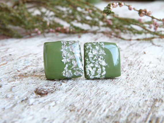 fimo/polymer clay silver leaf stud earrings