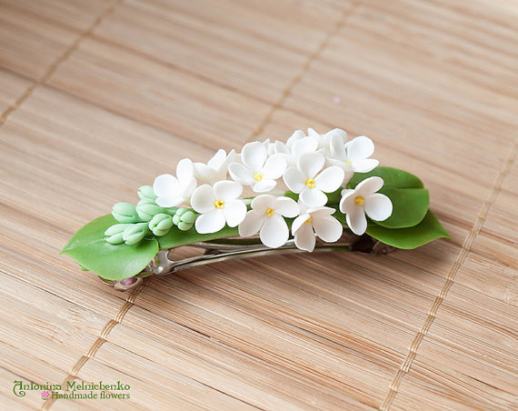 Barrette White Lilac Syringa - Polymer Clay Flowers - Mothers Day Gift for Women White Lilac Gift For Her Flower Barrette Lilac White Flower