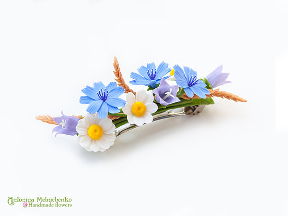 Barrette Wildflowers Daisy Bluebell Chicory - Polymer Clay Flowers