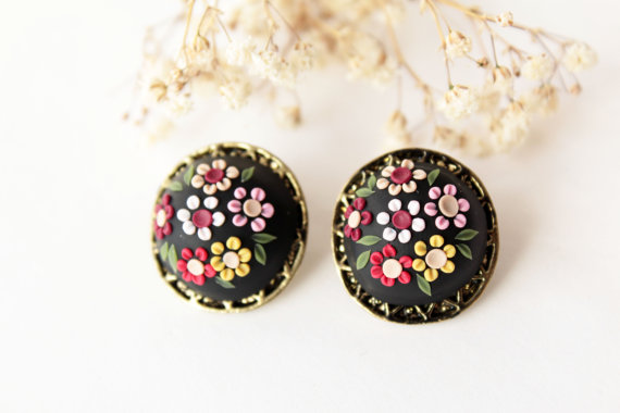 Black flower earrings, Black studs, yellow flower, black gold earrings, vintage black, red flower earrings, eambroidered polymer clay