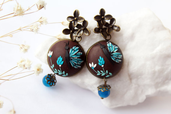Brown earrings, blue butterfly earrings, Brown blue flower earring, minimalist earrings, blue butterflies blue floral earrings tiny earrings