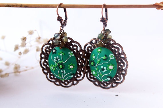 Emerald green earrings, Deep Green earrings, green flower earrings, Oversized earrings, Agate jewelry, Green earrings