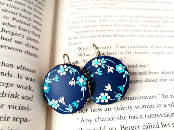 Gift ideas for her, Navy blue earrings, polymer clay, hand embroidered earrings, blue flower earrings, dark blue, romantic earrings, gift