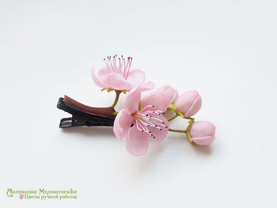 Hair clip Sakura Cherry Blossom Peach - Polymer Clay Flowers