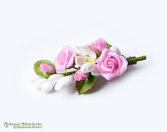 Hair clip Snowdrops Pink Roses - Polymer Clay Flowers