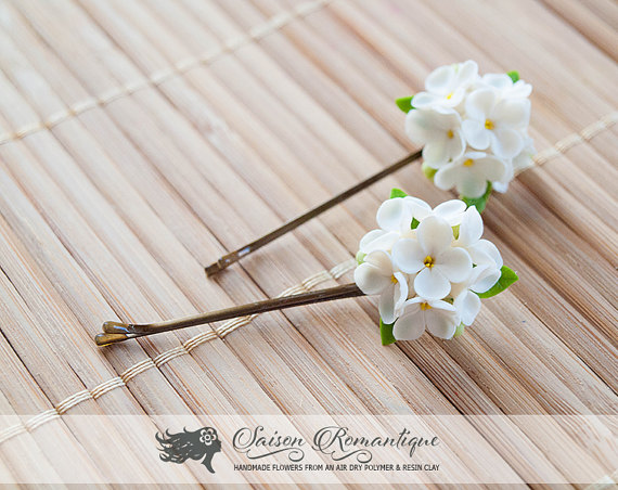 Hair grip White Lilac Syringa - Polymer Clay Flowers