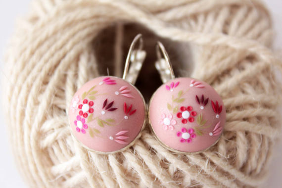 Pink flower earrings, romantic earrings, colorful earrings, burgundy earrings, bright red flower, tiny earrings, polymer clay earrings