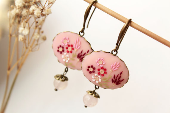 Pink flower earrings, rose quartz earring, red flower earring, polymer clay, colorful earring, embroidered earring, romantic gift, pale pink