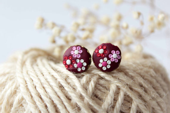 Red Stud Earrings, burgundy earrings, tiny minimalist, red floral, dark red studs, marsala, red flower studs Small, polymer clay, everyday