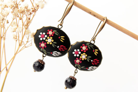 Red black earrings, black flower earrings, embroidered polymer clay, gothic earring,s black floral earrings, large black, nocturne jewelry