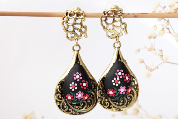 Red black earrings, black flower earrings, oversized, gothic earrings, black floral earrings, emroidered, christmas gift, romantic