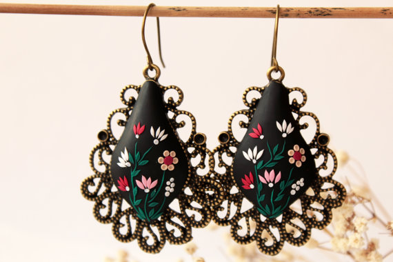 Red black earrings, polymer clay, black flower, oversized, gothic earrings, victorian earrings, emroidered, christmas gift, romantic