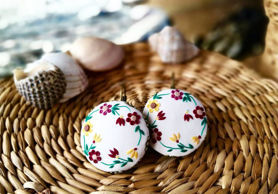 Red flower earrings, colorful earrings, valentines gift, yellow earrings, polymer clay, hand embroidered romantic earrings, burgundy