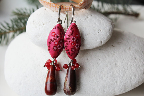Red jasper earrings, red dangle earrings, ruby red earringss, burgundy earrings, bright red flower earrings, marsala earrings, hot pink