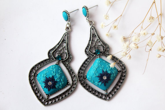 Teal blue earrings, Turquoise earrings, teal blue earrings, blue flower earrings, blue earrings, light blue earrings, dangle earring
