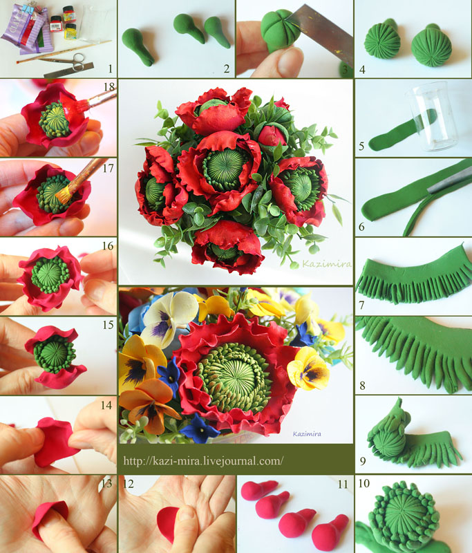 Polymer clay poppy flower tutorial - step by step tutorial