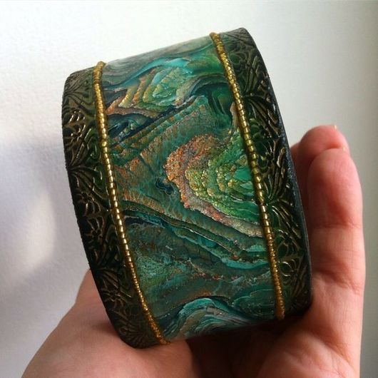 Amazing Cuff bracelet Polymer clay bracelet Unique jewelry Mokume Gane clay gold leaf bracelet cuff Statement cuff bracelet Bangle faux stone