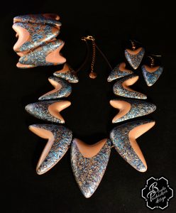 Mokume Gane Necklace - Polymer Clay Jewelry - blue, orange fimo jewelry