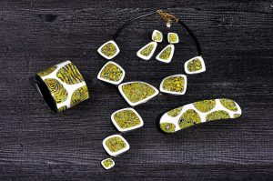 Mokume Gane Necklace - Polymer Clay Jewelry - yellow, light green, white fimo jewelry