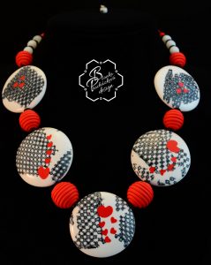 polymer clay large beads necklace  - grey  fimo with small heart