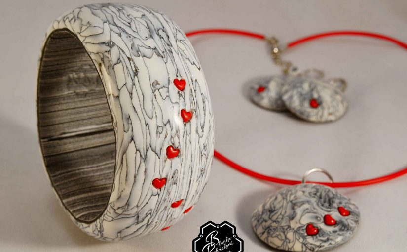 Polymer clay jewelry with hearts – romantic set of handmade jewelry