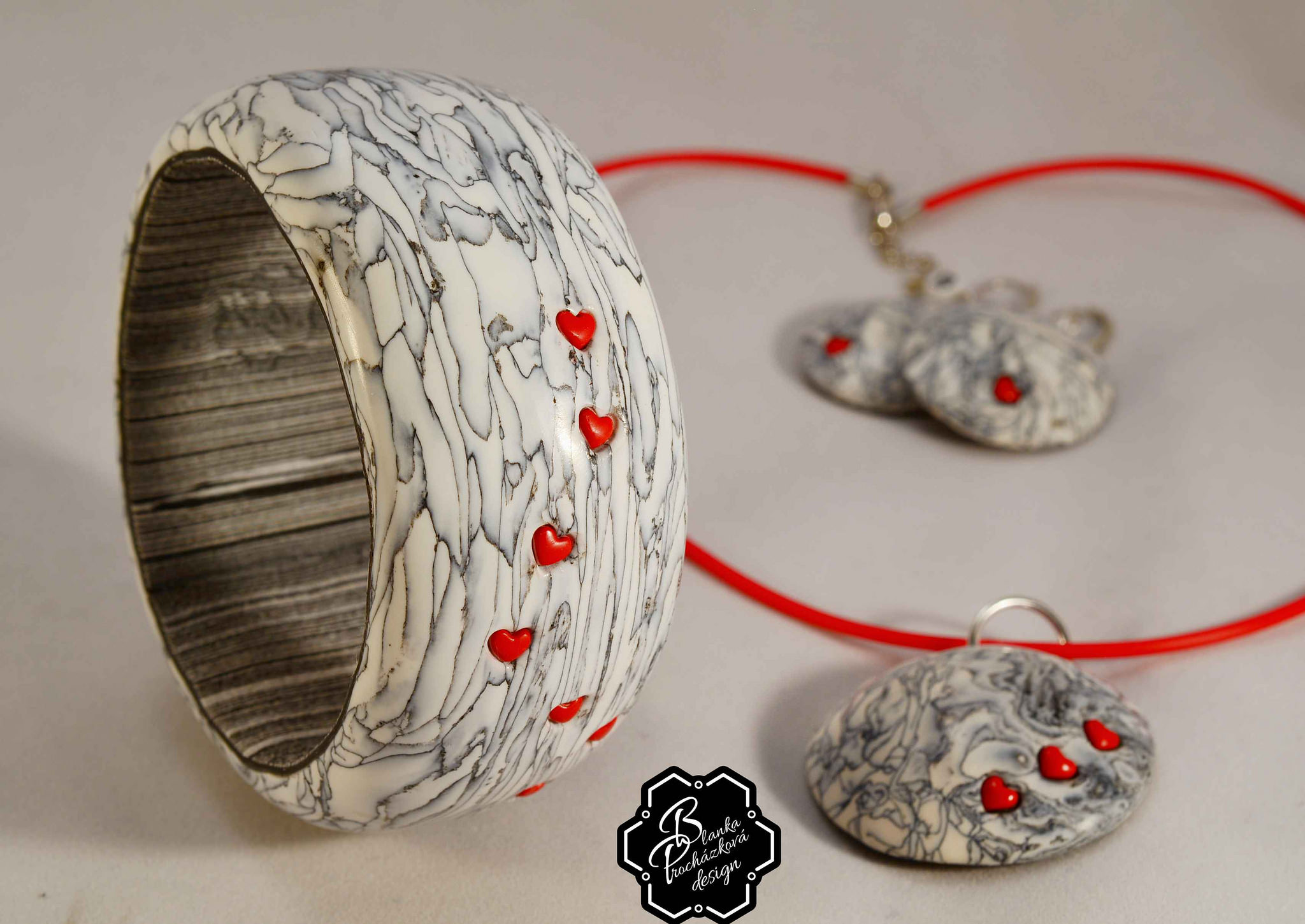 Polymer clay jewelry with hearts - romantic set of handmade jewelry