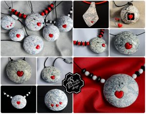 polymer clay romantic jewelry - valentine day present - round pendant necklace - black and white mokume gane fimo with small heart 