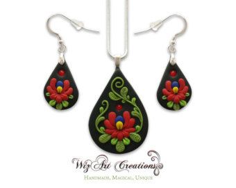 Handmade polymer clay folk jewelry, clay set inspired by the Hungarian Kalocsai Embroidery