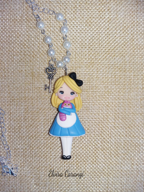 Alice in wonderland and cheshire cat necklace polymer clay creations