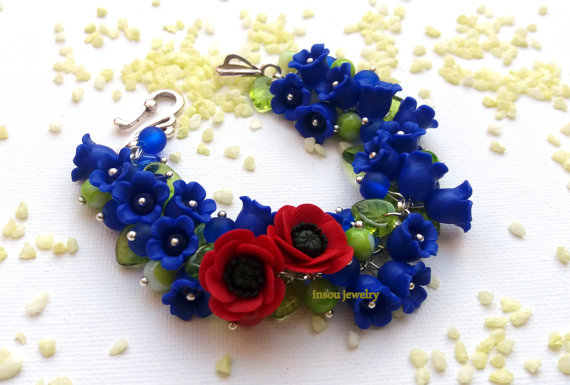 Blue Bracelet, Wedding Bracelet, Handmade Bracelet, Poppy Jewelry, Flower Jewelry, Romantic Jewelry, Blue Red, Gift For Her, spring polymer clay jewelry, fimo