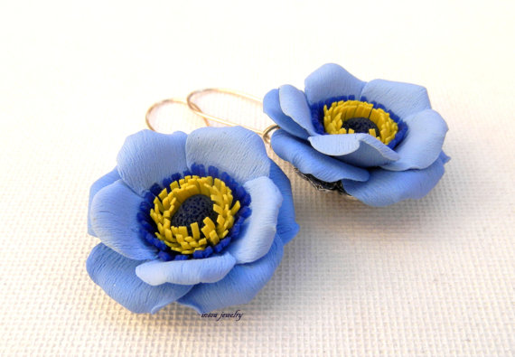 Blue Earrings Dangle Earrings Flower Earrings Blue Jewelry Gift For Her Handmade Earrings Blue Flowers Windflower Anemone Wedding Jewelry Polymer clay