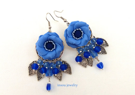 Blue Earrings, Flower Earrings, Wedding Earrings, Blue Jewelry, Anemone, Romantic Earrings, Round Earrings, Dangle Earrings, Gift For Her polymer clay, fimo