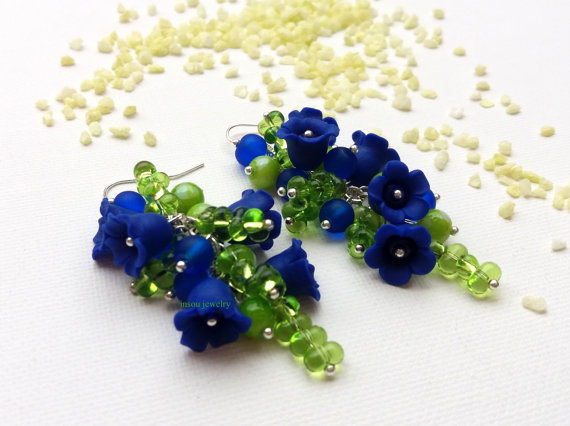 Blue Flower Wedding Earrings, Dangle Flower Earrings, Blue Flowers, Bell Flowers, Blue Polymer Clay Jewelry, Flower Jewelry, Handmade Earrings, Romantic, Fimo