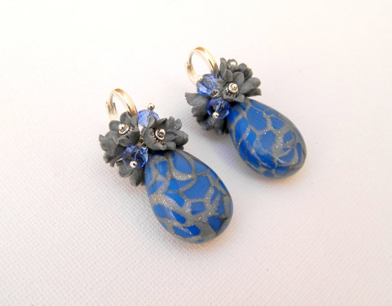 Blue earrings - Drop dangle earrings - Lapis Lazuli - Flower earrings - Handmade earrings - polymer clay
