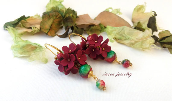 Bordeaux Earrings, Flower Earrings, Fashion Earrings, Bordeaux Jewelry, Flower Jewelry ,Dangle Earrings, Romantic Jewelry, Gift For Her, Polymer clay, Fimo