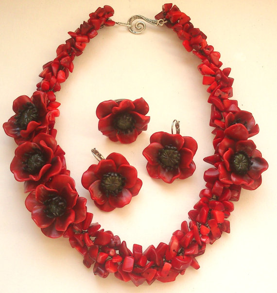 Coral red jewellery-Red poppy flower- Chunky necklace-Flower earrings-Flower ring - polymer clay - fimo