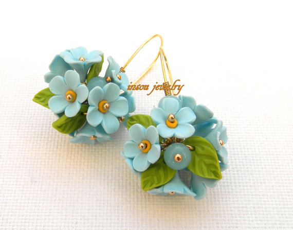 Dangle Earrings, Blue Jewelry, Light Blue Earrings, Flower Earrings, Handmade Earrings, Gift For Her, Pastel Jewelry, Jade Jewelry, Flowers, Polymer Clay, Fimo