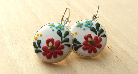 Dangle earrings, red flower earrings, white dangle earrings, folk jewelry, polymer clay folk jewelry, applique polymer earrings