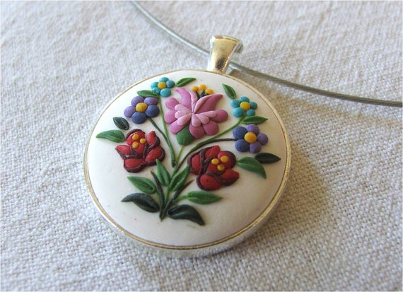 Fashion necklace floral pendant, fashion pendant, colorful flower necklace, polymer clay folk pendant, folk art necklace