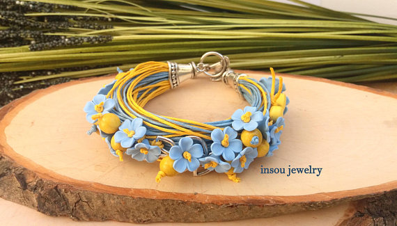 Floral Bracelet, Forget Me Not, Light Blue Jewelry, Wrap Bracelet, Women Gift, Spring Jewelry, Charm Bracelet, Flower Jewelry, Handmade, polymer clay, fimo