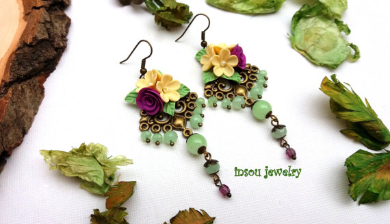 Floral Chandelier Earrings Flower Earrings Green Jewelry Boho Earrings Statement Earrings Dangle Earrings Handmade Earrings Flower Jewelry