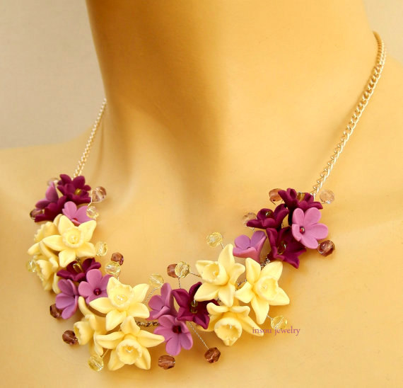 Floral, Flower Necklace, Statement Necklace, Pastel Jewelry, Handmade Necklace, Spring Jewelry,Lavender, Vanilla,Gift for Her,Floral Fashion, polymer clay, fimo