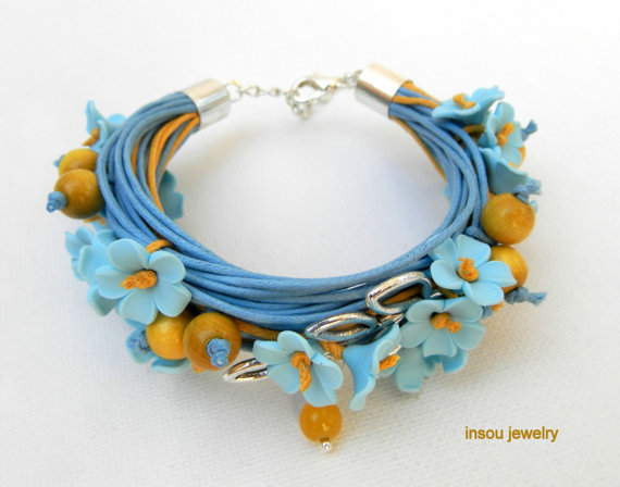 Flower Bracelet Flower Jewelry Handmade Bracelet Floral Bracelet Wrap Bracelet Boho Bracelet Cotton Cord Bracelet Gift For Her Forget Me Not, polymer clay jewelry, fimo