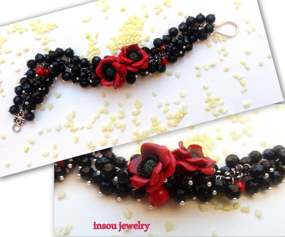 Flower Bracelet Poppy Bracelet Black Bracelet Flower Jewelry Poppy Jewelry Red Black Handmade Bracelet Romantic Jewelry Gift Polymer Clay Fimo