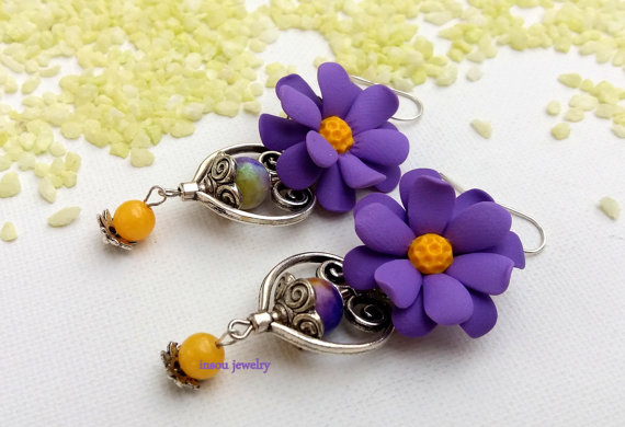 Flower Earrings, Handmade Earrings, Lilac, Spring Jewelry,Dangle Earrings,Floral Fashion,Statement Earrings,Gift For Her,Anemone, Windflower