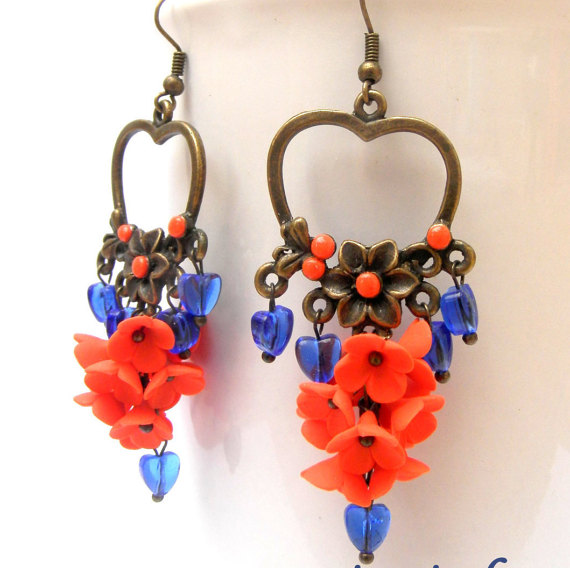 Flower Earrings Heart Earrings Dangle Earrings Orange Blue Handmade Earrings Flower Jewelry Polymer Jewelry Romantic Jewelry Gift For Her