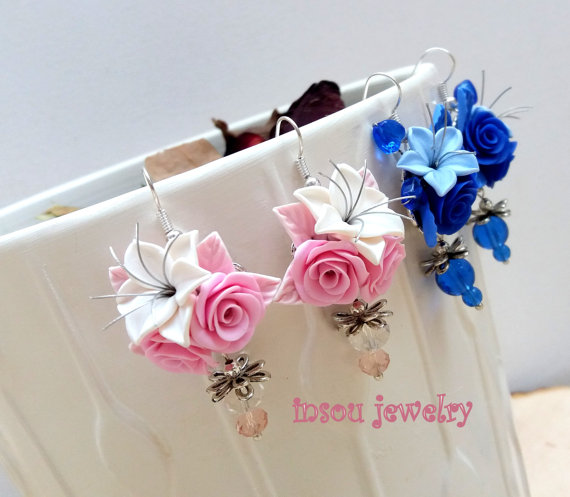 Flower Earrings, Rose Earrings, Wedding Earrings, Statement Earrings, Pink Earrings, Blue Earrings, Romantic Jewelry, Gift For Women, Spring