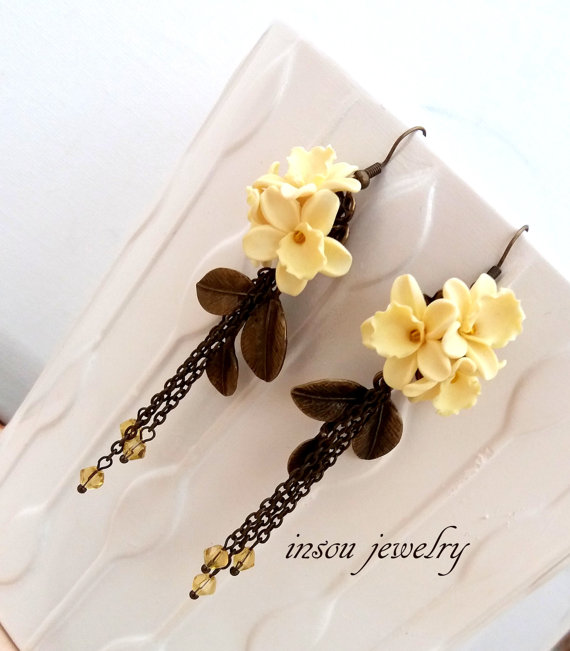 Flower Earrings, Vanilla Earrings, Dangle Earrings, Romantic Earrings, Handmade Earrings, Floral Jewelry, Long Earrings,Gift For Her,Flowers, polymer clay, fimo